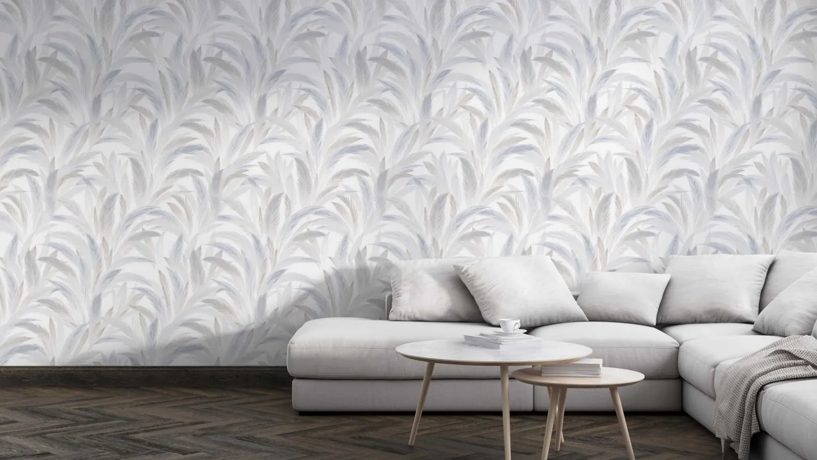 After: the same living room with a soft grey-lilac leaf wallpaper on the feature wall