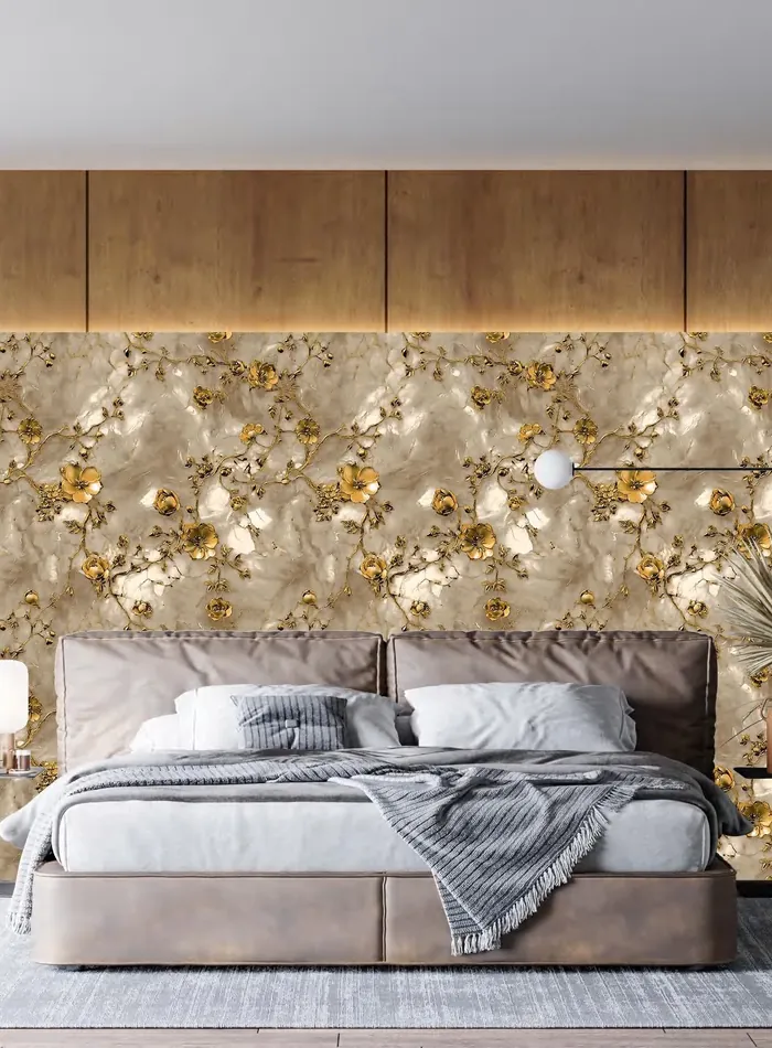Bedroom with a gold 3D floral wallpaper under a wooden ceiling panel