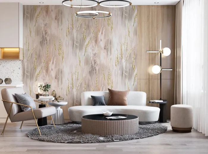 Lounge with a pastel brushstroke wallpaper between warm wood panels