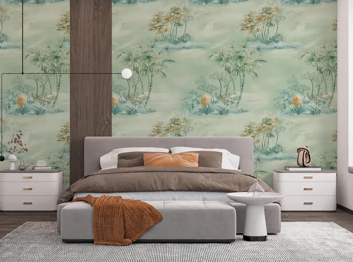 Bedroom with a soft green tropical landscape wallpaper