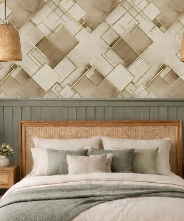 Bedroom with a 3D geometric wallpaper above a sage panelled wall and rattan headboard