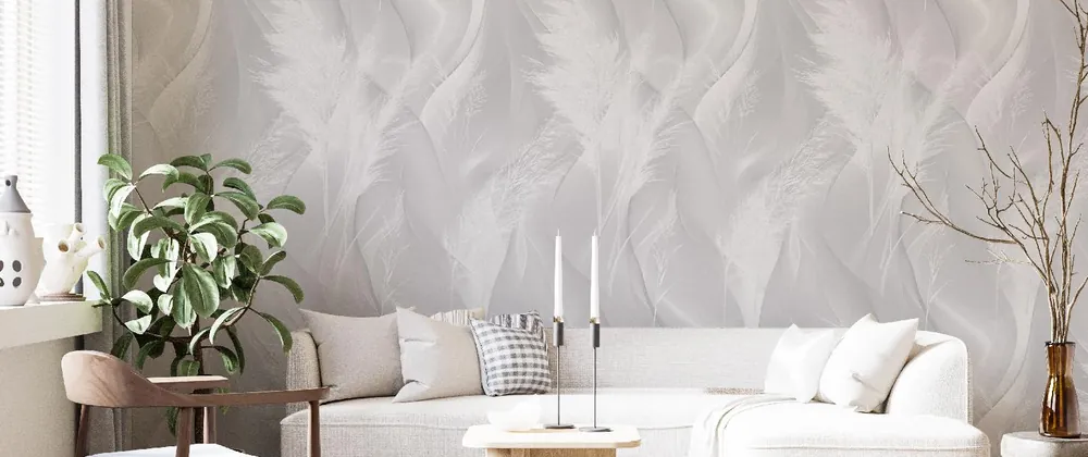 Living room with a soft white feather-texture wallpaper