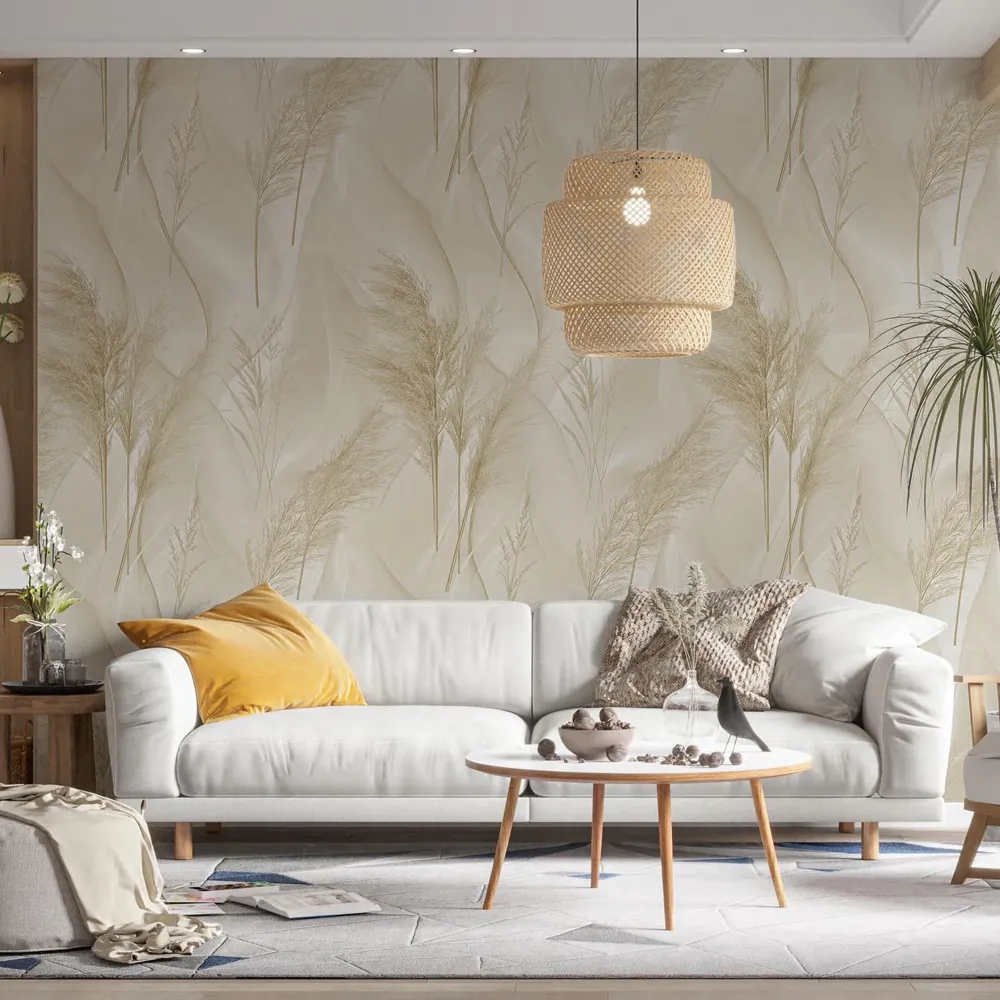 Bright living room with a soft pampas-grass wallpaper, white sofa and rattan pendant light
