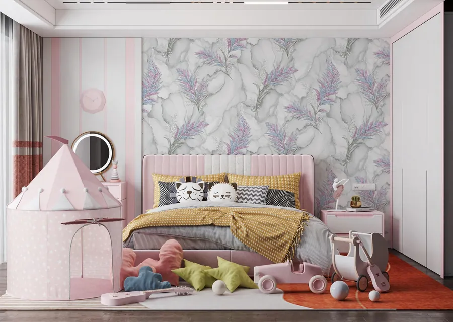 Pink kids' bedroom with a lilac floral wallpaper, play tent and toys